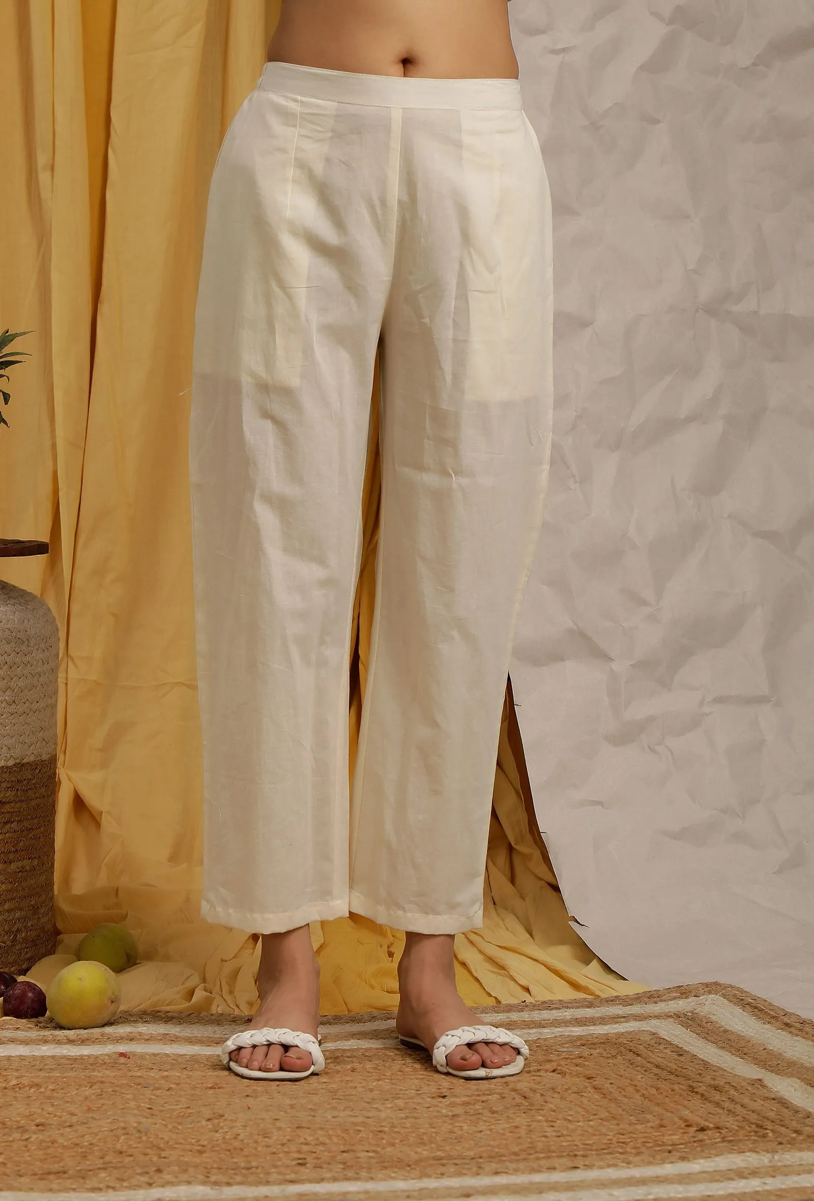 Set Of 2: Off White Cotton Schiffli Flared Tunic & Narrow Pants