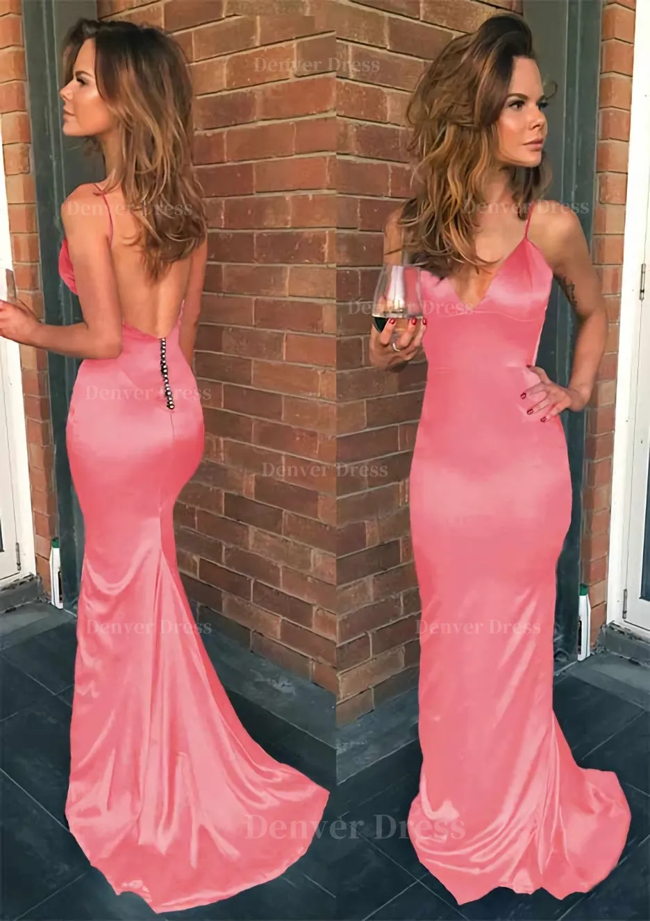 Sheath/Column V Neck Spaghetti Straps Sweep Train Charmeuse Prom Dress