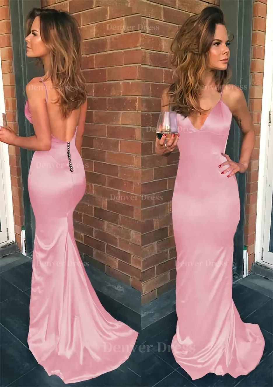 Sheath/Column V Neck Spaghetti Straps Sweep Train Charmeuse Prom Dress