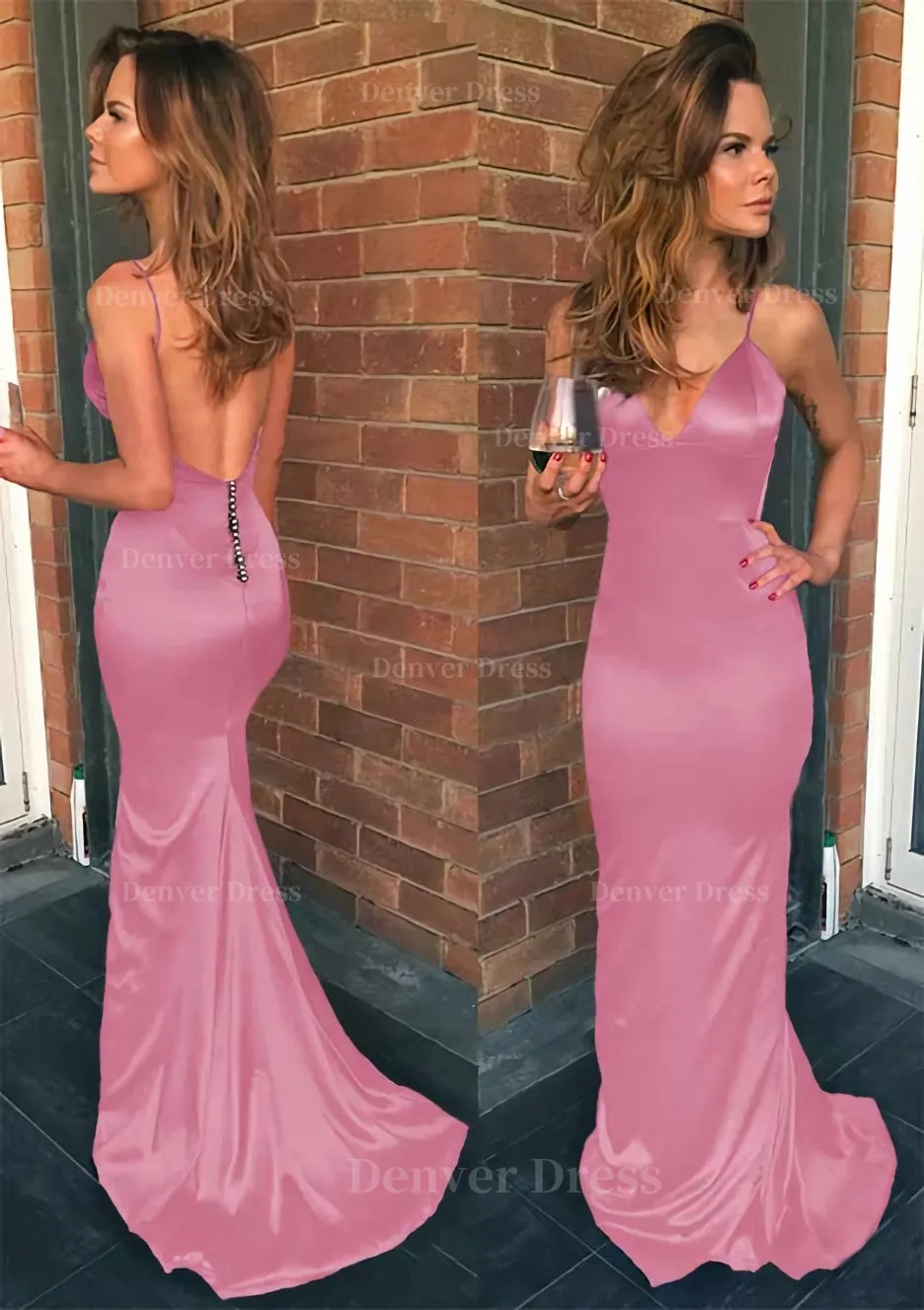 Sheath/Column V Neck Spaghetti Straps Sweep Train Charmeuse Prom Dress