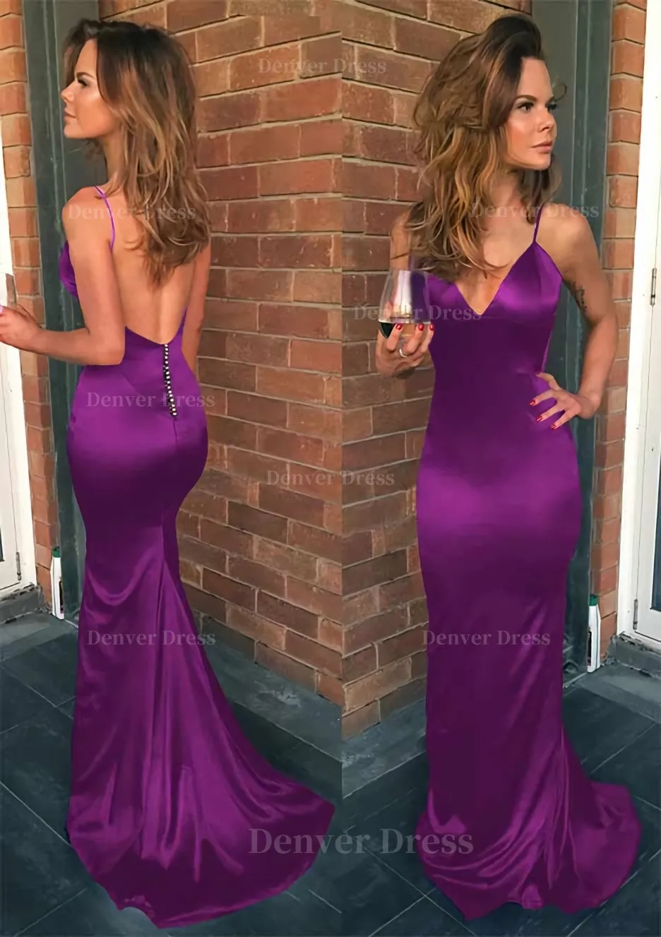 Sheath/Column V Neck Spaghetti Straps Sweep Train Charmeuse Prom Dress