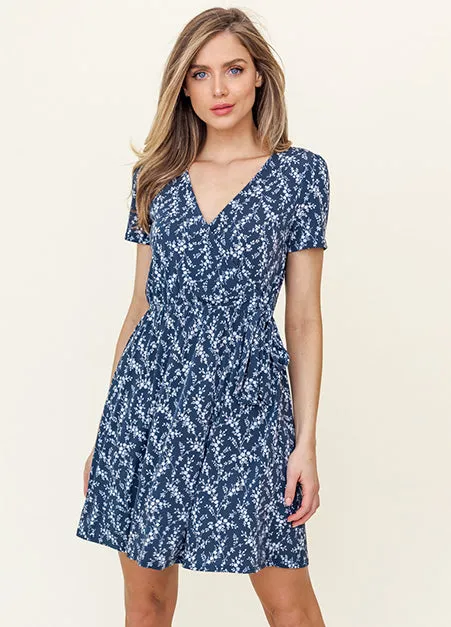 Short Sleeve Floral Faux-Wrap Dress