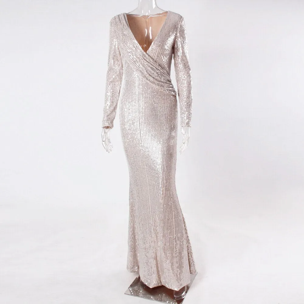 Silver Sequin Deep V Neck Evening Gown Long Sleeves Ruched Mermaid Maxi Dress Luxury Shine Party Formal Prom