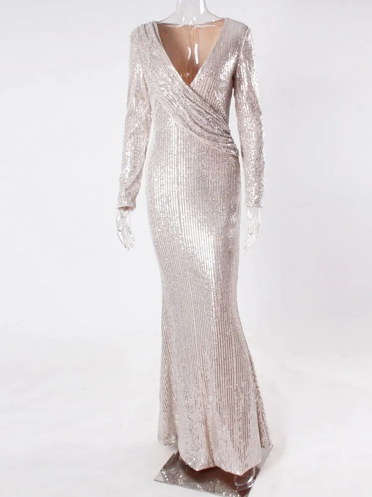 Silver Sequin Deep V Neck Evening Gown Long Sleeves Ruched Mermaid Maxi Dress Luxury Shine Party Formal Prom