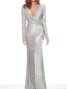 Silver Sequin Deep V Neck Evening Gown Long Sleeves Ruched Mermaid Maxi Dress Luxury Shine Party Formal Prom