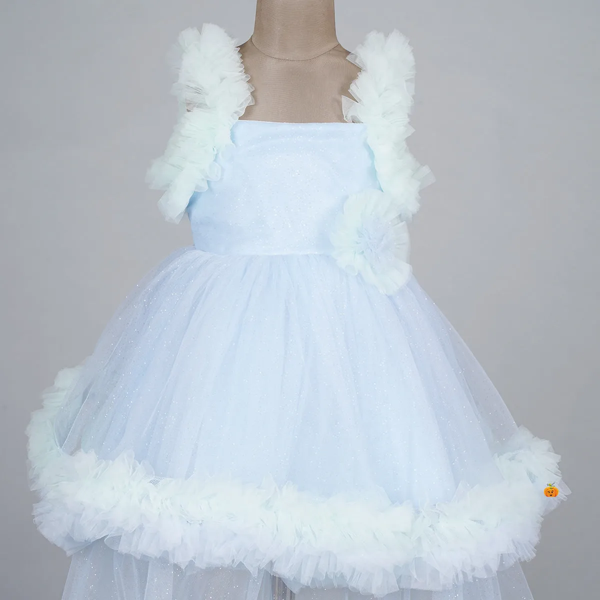 Sky Blue & Purple Layered Frill Net Girls Frock