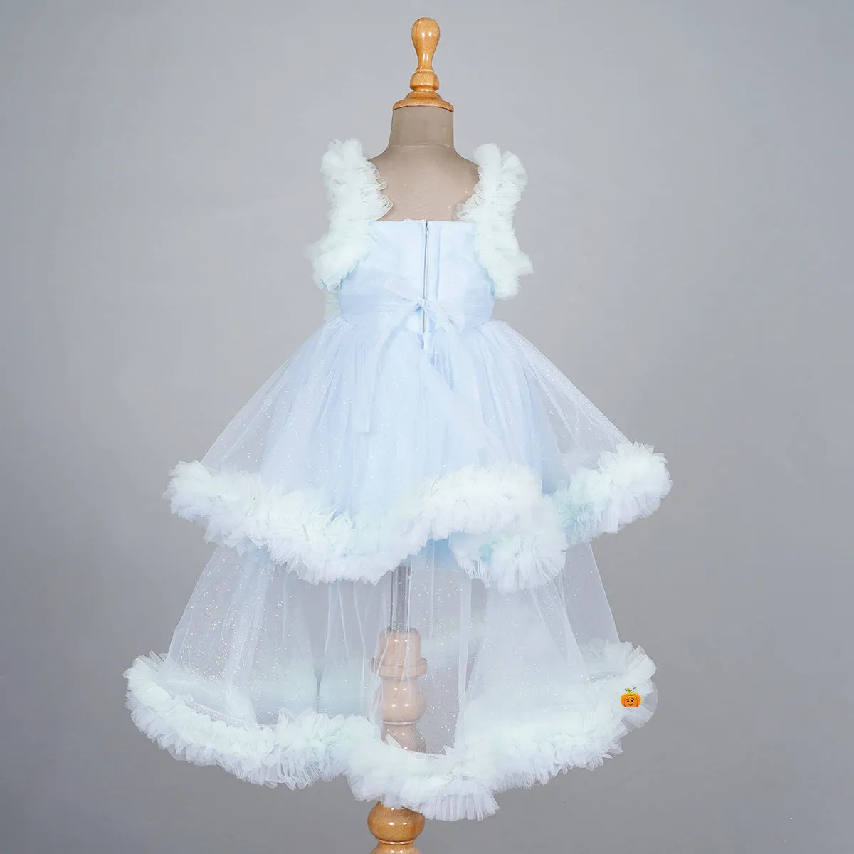 Sky Blue & Purple Layered Frill Net Girls Frock