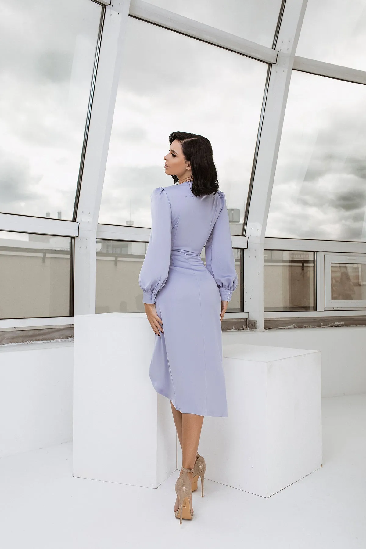 Sky-Blue Wrap Long Sleeve Midi Dress