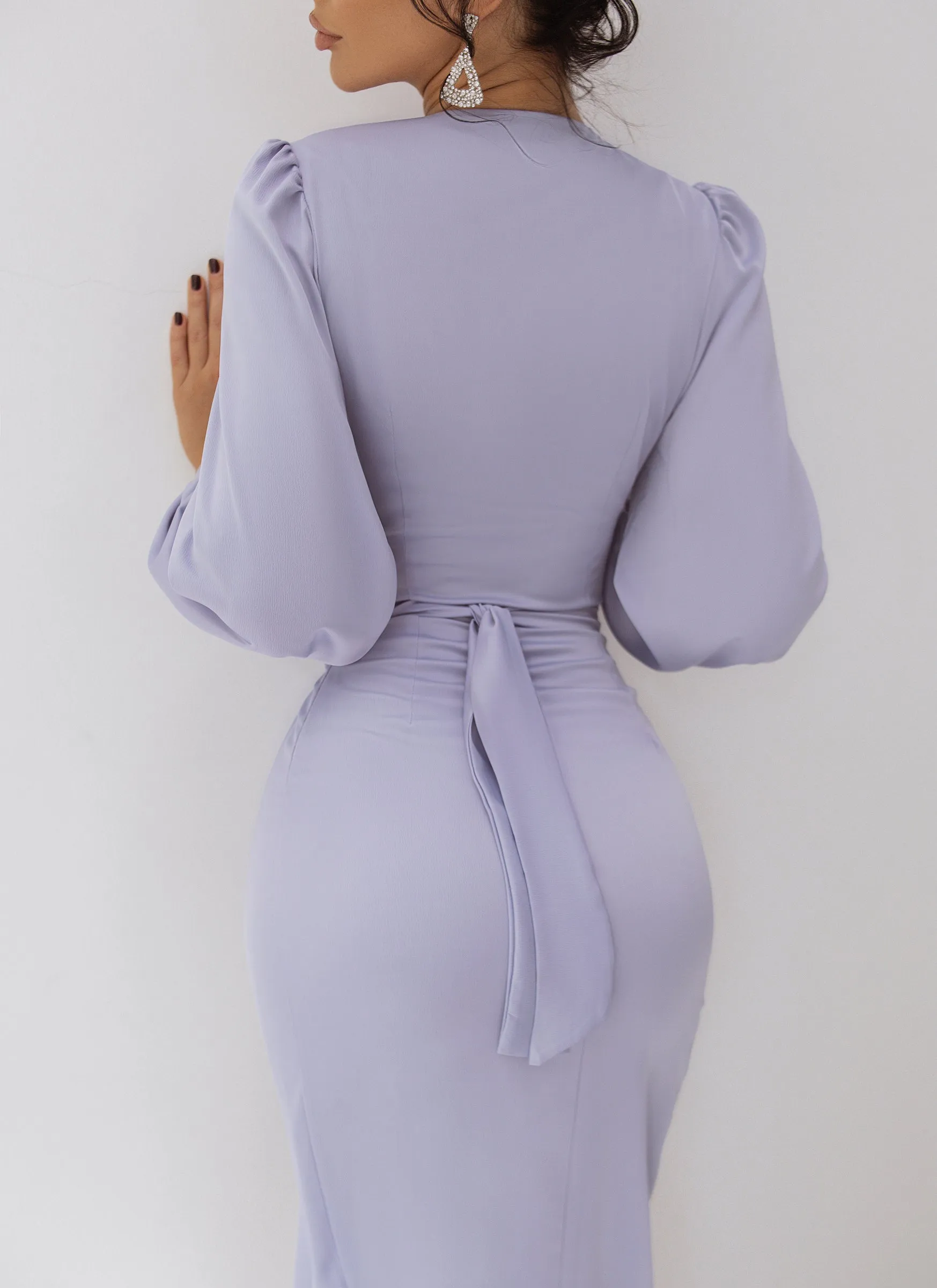 Sky-Blue Wrap Long Sleeve Midi Dress