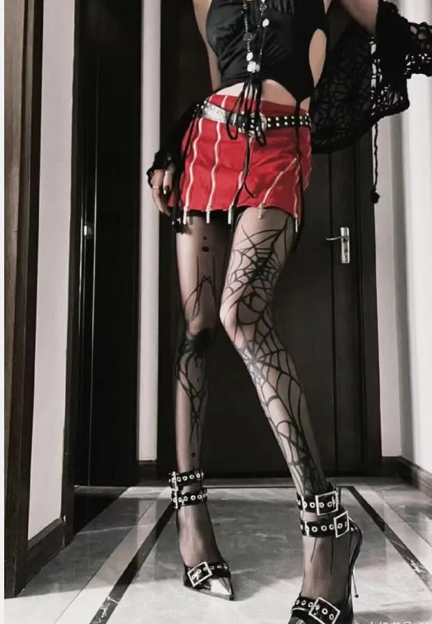 Spider web print sheer mesh halloween tights