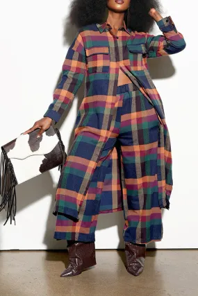 Stylish Button Up Plaid Shacket & Pants Set