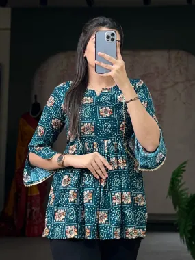 Stylish Teal Printed Cotton Tunic