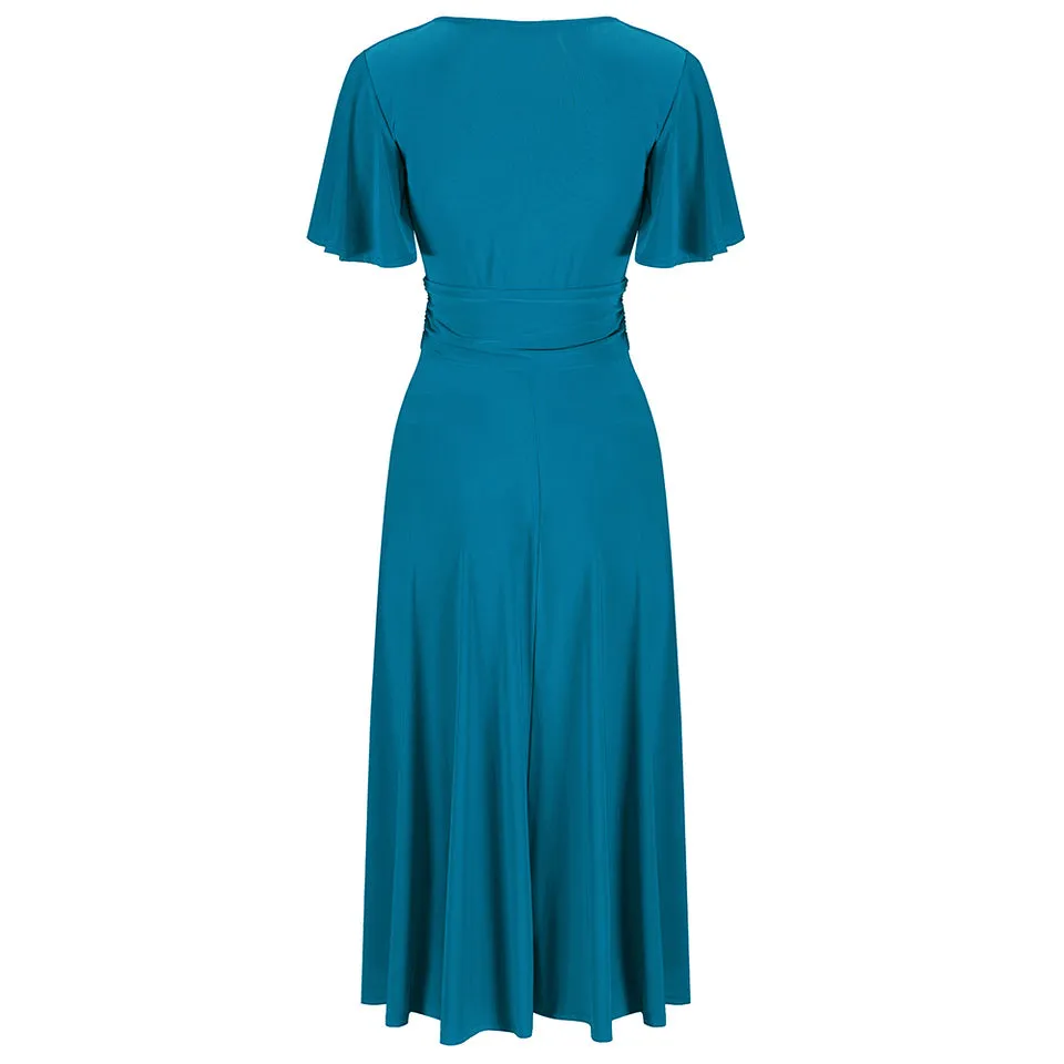 Teal Cap Sleeve Crossover V Neck Wrap Top Swing Dress