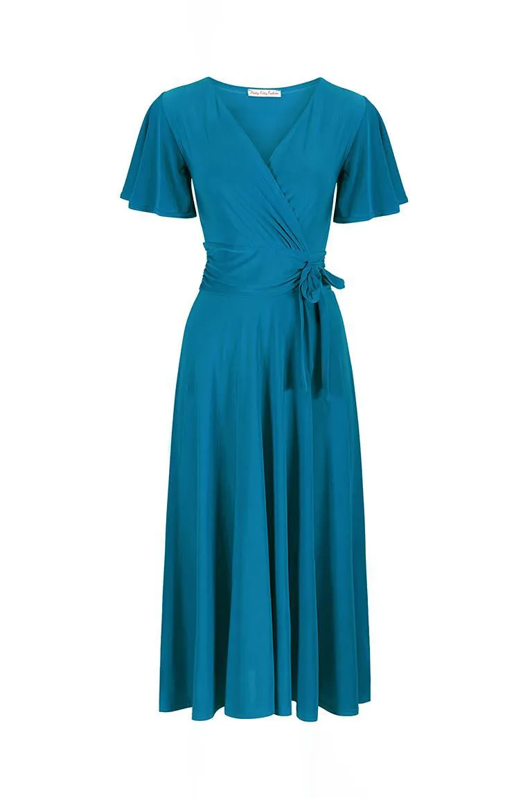 Teal Cap Sleeve Crossover V Neck Wrap Top Swing Dress