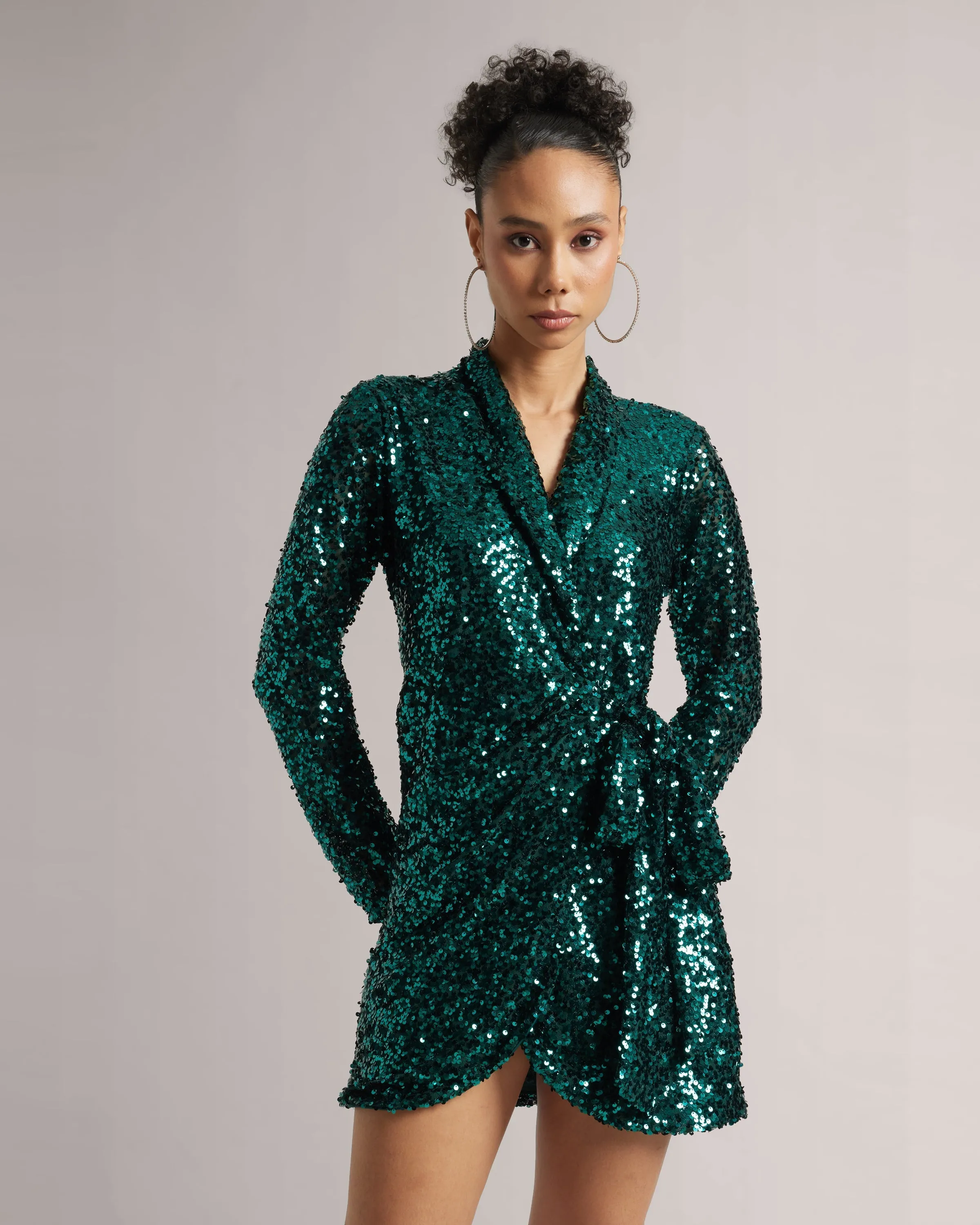 Teal Green Sequin Wrap Dress