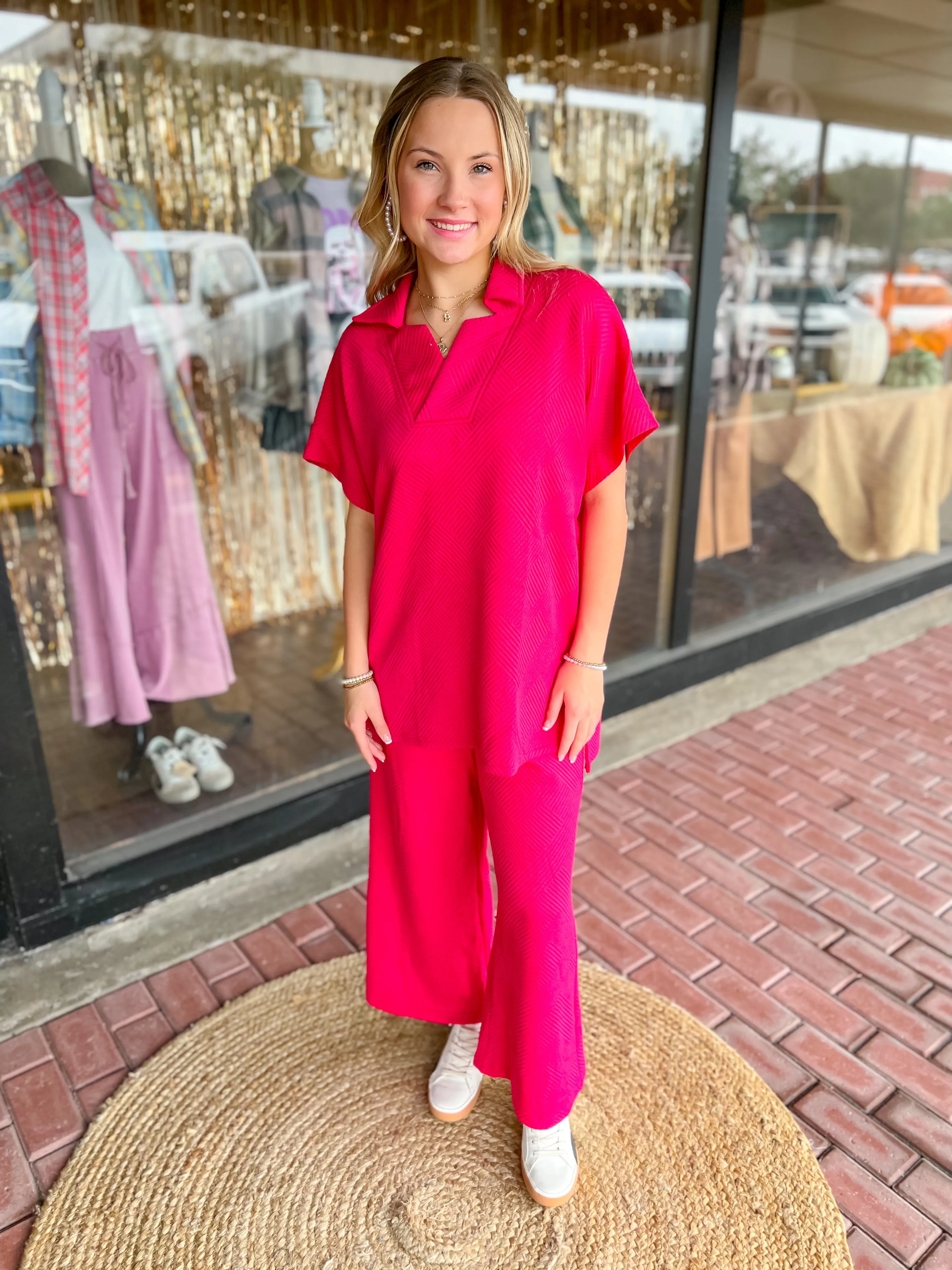 Textured Drop Shoulder Collared Top-Barbie Pink