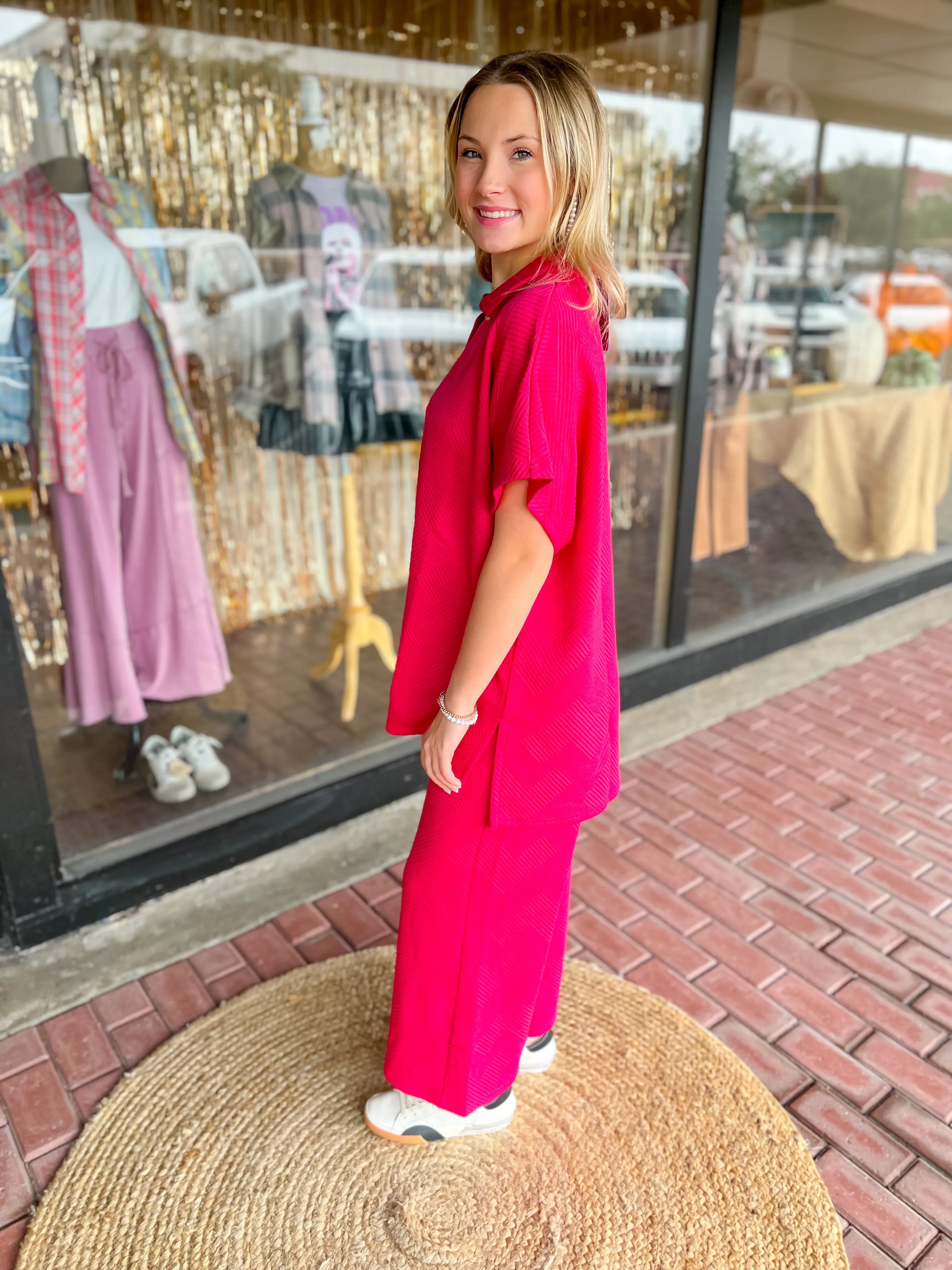 Textured Drop Shoulder Collared Top-Barbie Pink