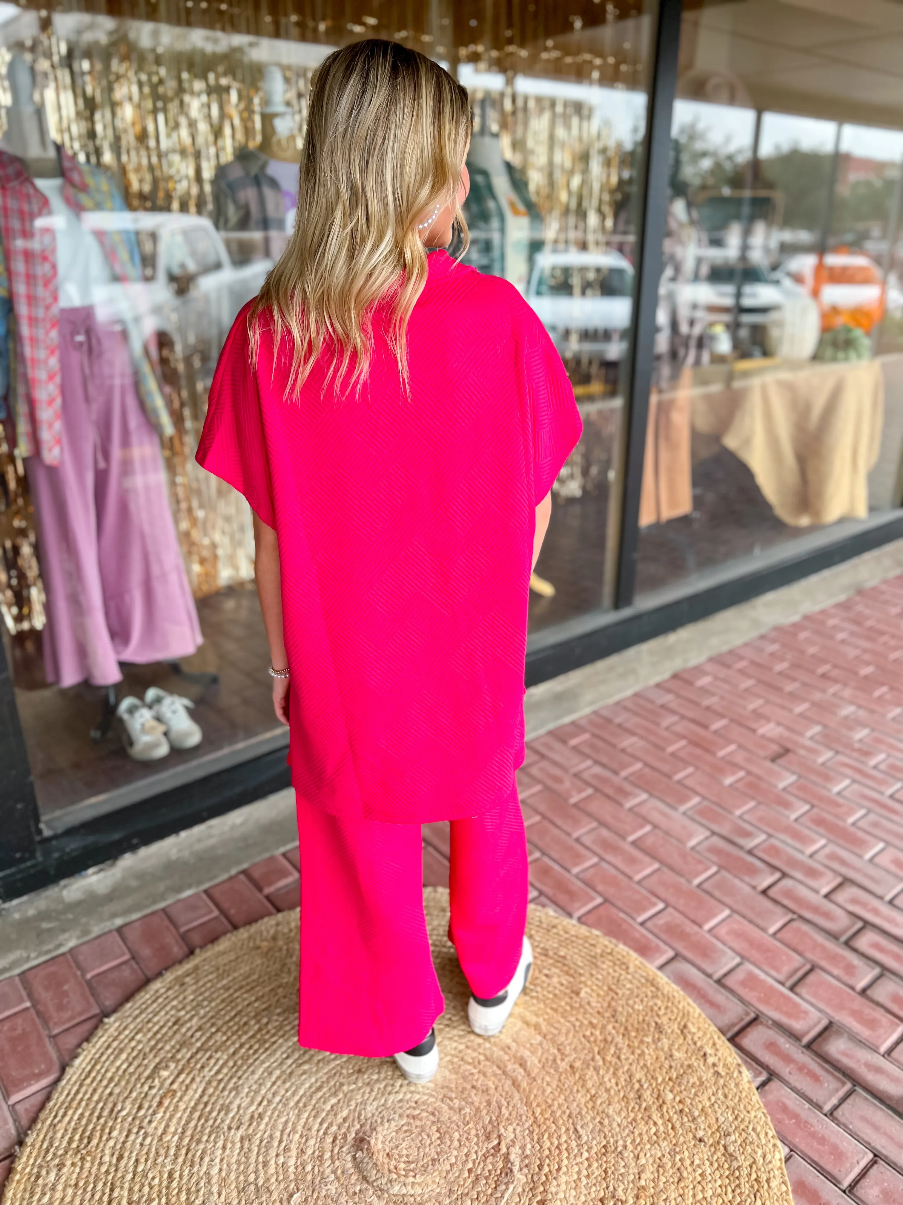 Textured Drop Shoulder Collared Top-Barbie Pink