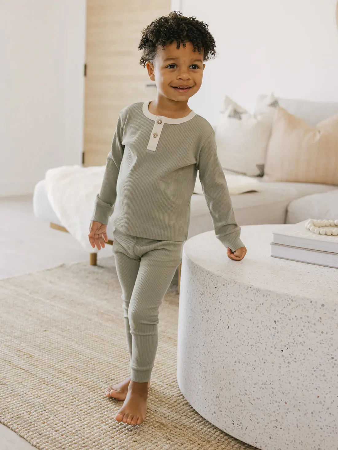 The Jessie Ribbed Long Sleeve Henley - Fern - KIDS