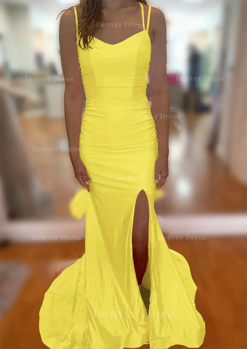 Trumpet/Mermaid V Neck Sleeveless Sweep Train Jersey Prom Dress With Split Pleated