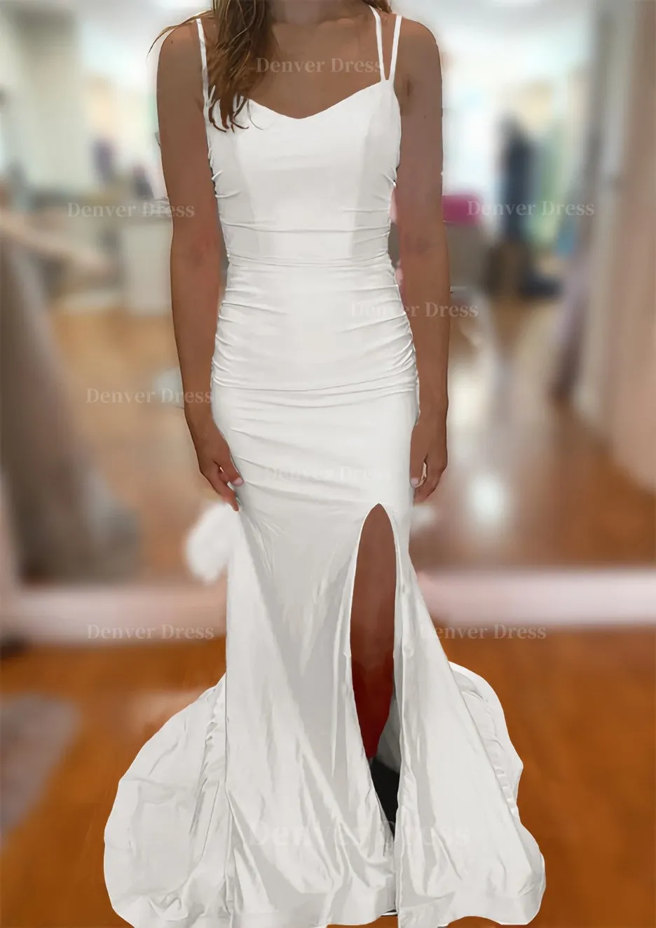 Trumpet/Mermaid V Neck Sleeveless Sweep Train Jersey Prom Dress With Split Pleated