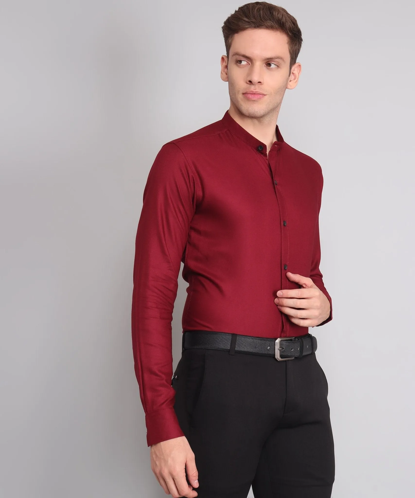 TryBuy Premium Luxurious Full Sleeves Mandarin Collar Maroon Cotton Button-Up Shirt For Men