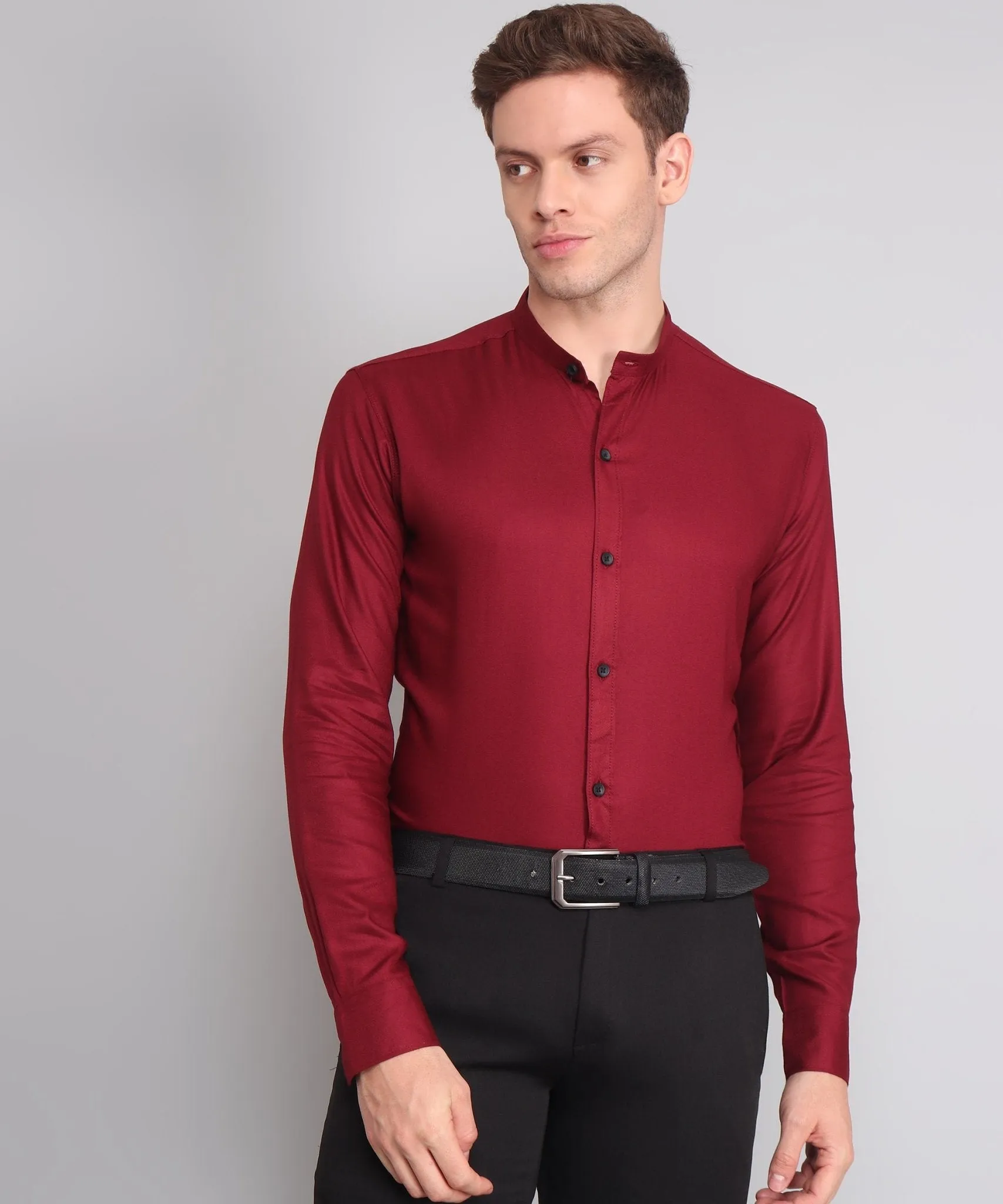 TryBuy Premium Luxurious Full Sleeves Mandarin Collar Maroon Cotton Button-Up Shirt For Men