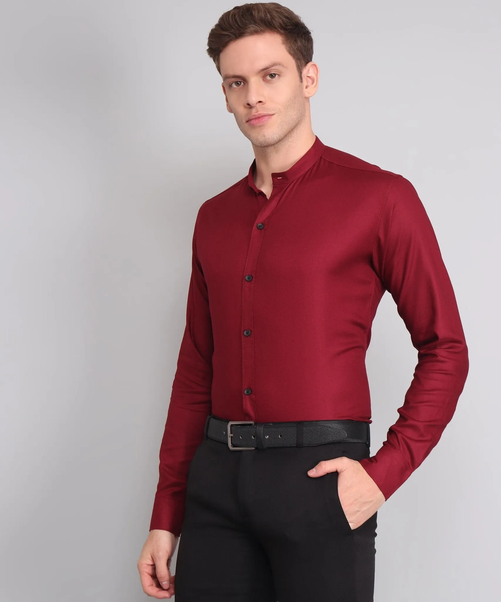 TryBuy Premium Luxurious Full Sleeves Mandarin Collar Maroon Cotton Button-Up Shirt For Men