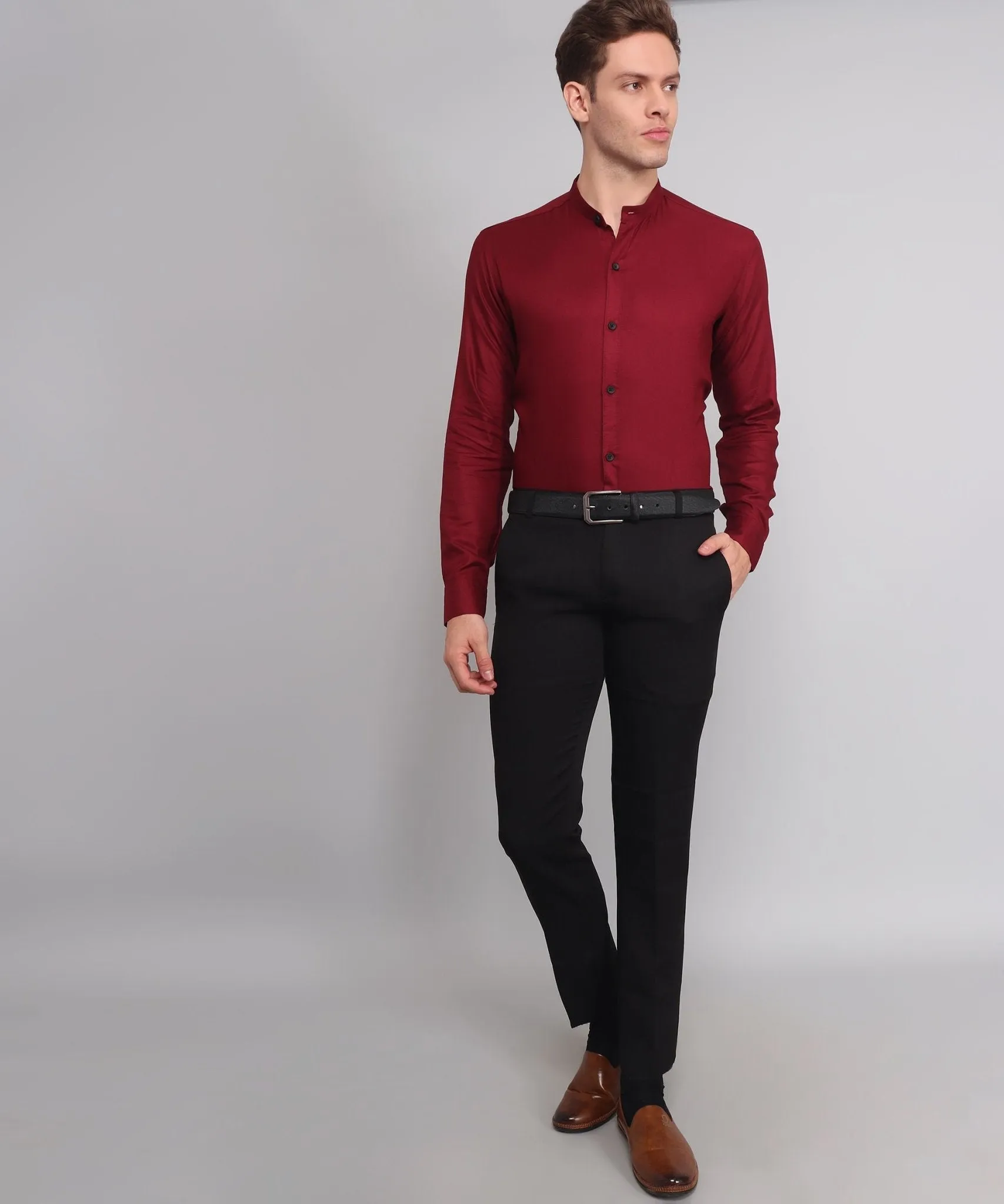 TryBuy Premium Luxurious Full Sleeves Mandarin Collar Maroon Cotton Button-Up Shirt For Men