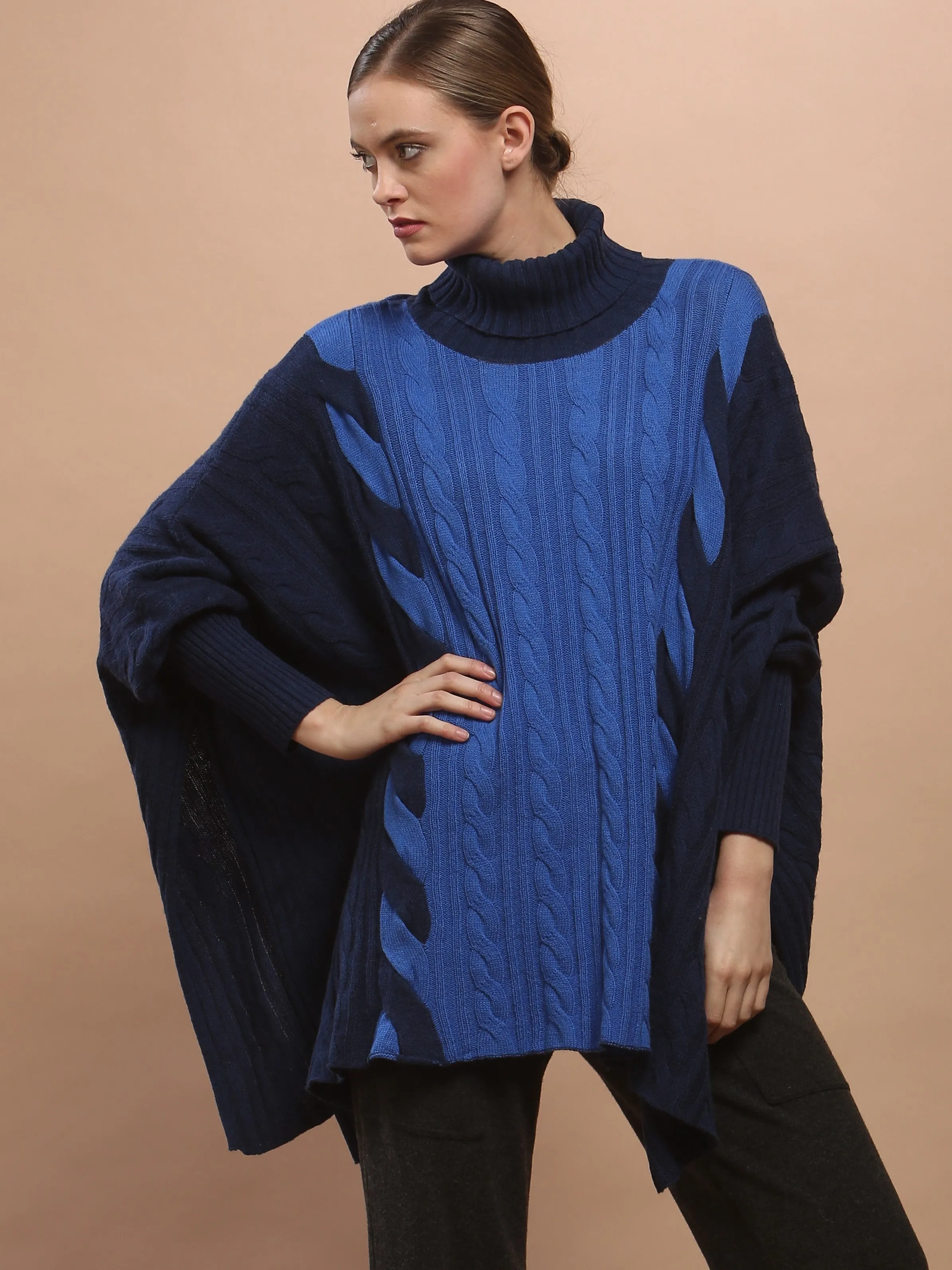 Two-Tone Braided Turtleneck Poncho