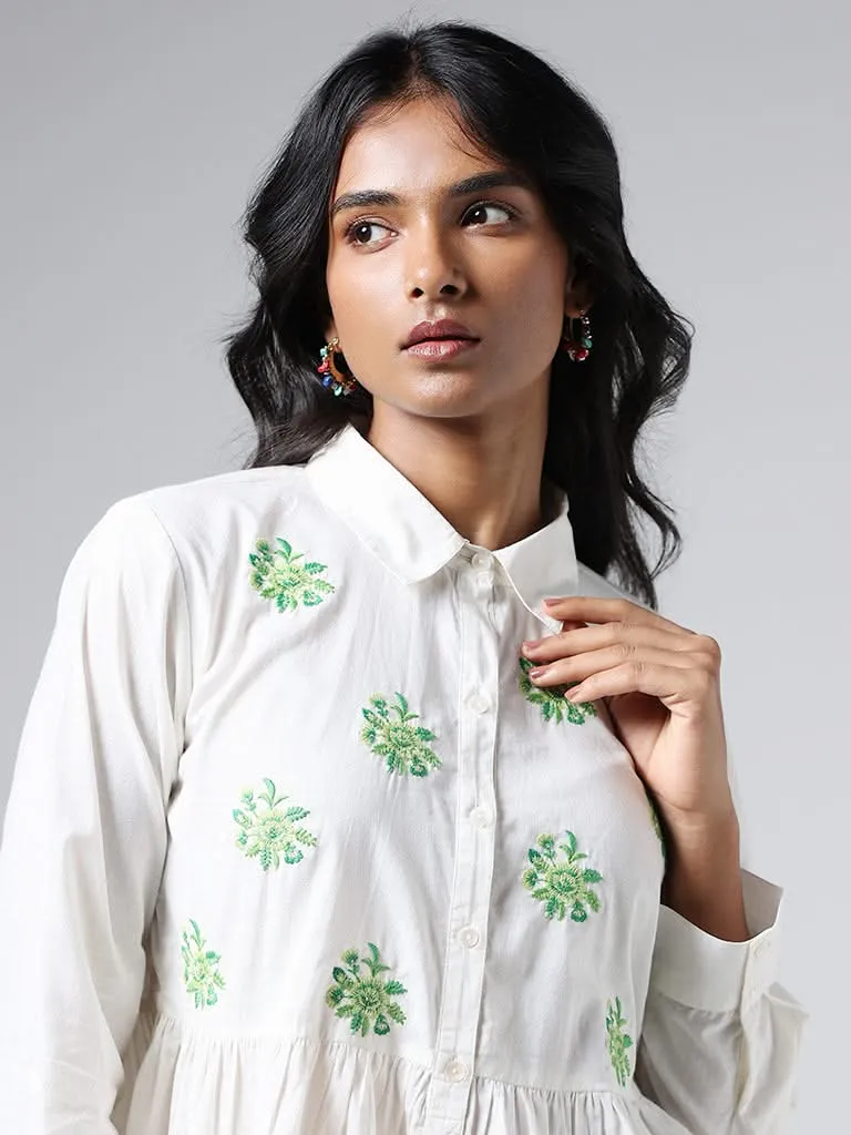 Utsa White Floral Embroidered Collar Neck Cotton Gathered Tunic