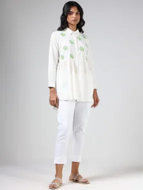 Utsa White Floral Embroidered Collar Neck Cotton Gathered Tunic