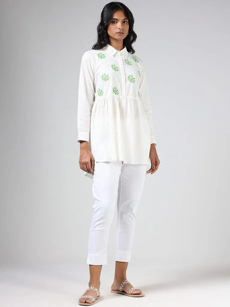 Utsa White Floral Embroidered Collar Neck Cotton Gathered Tunic