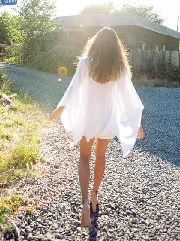 V-Neck White Blue Cotton Blend Mini Cover-Up Swimwear Dress