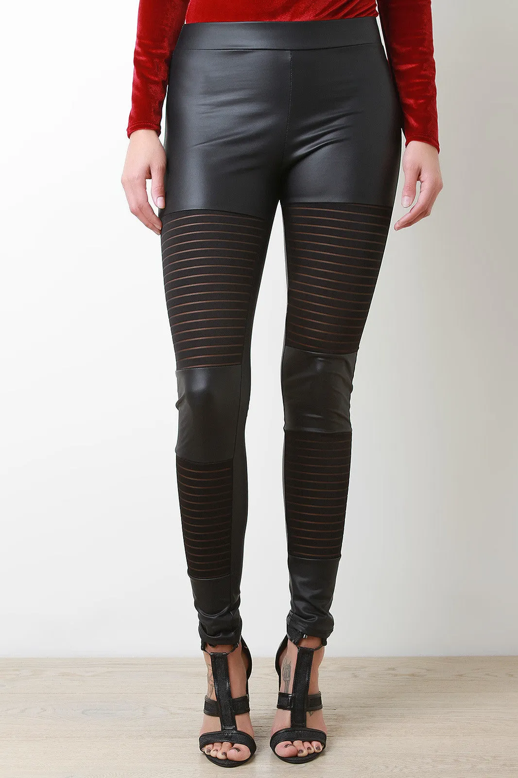 Vegan Leather illusion Mesh Stripe High Waist Leggings