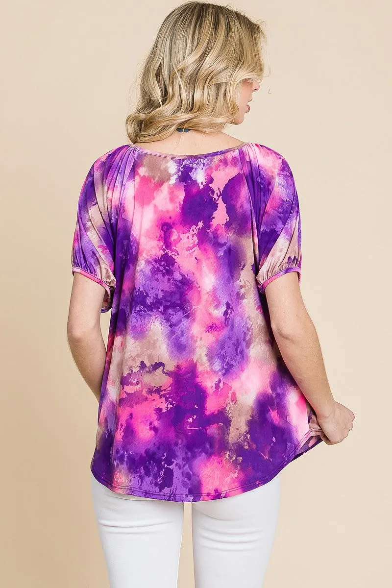 Venechia Tie Dye Bubble Sleeves Tunic Top