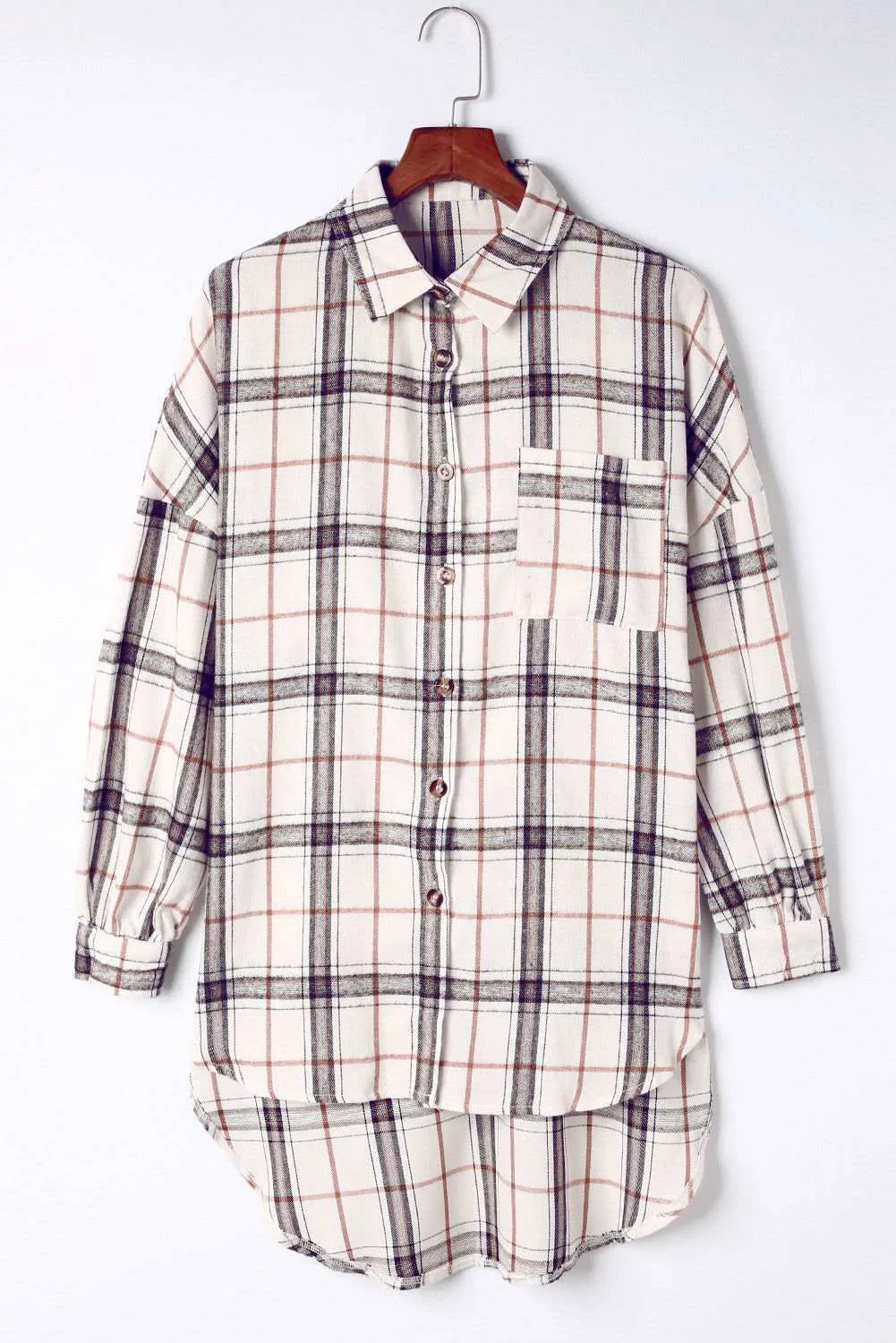 White Plaid Slits Bishop Sleeve Oversized Shacket