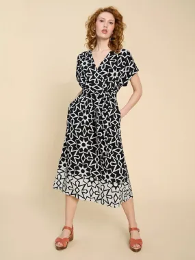 White Stuff Sophie Linen Blend Wrap Dress Black Print