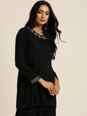 Women Black Floral Embroidered Liva Tunic