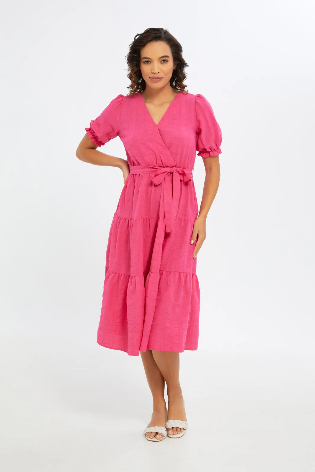 Women Fuchsia Midi Wrap Dress