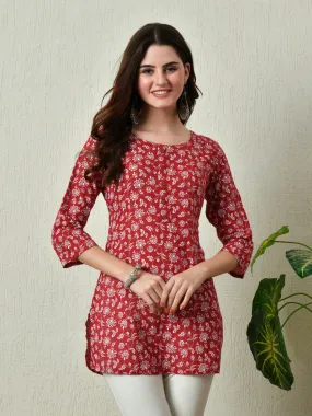 Women Stylish Red Cotton Short Kurti With Elegant Print