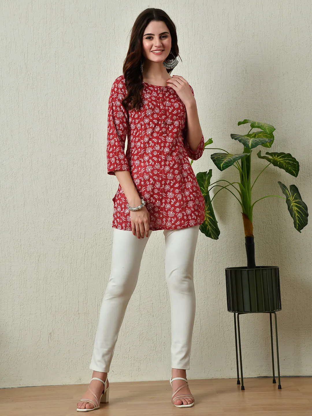 Women Stylish Red Cotton Short Kurti With Elegant Print