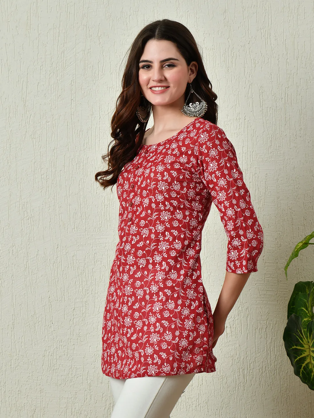 Women Stylish Red Cotton Short Kurti With Elegant Print