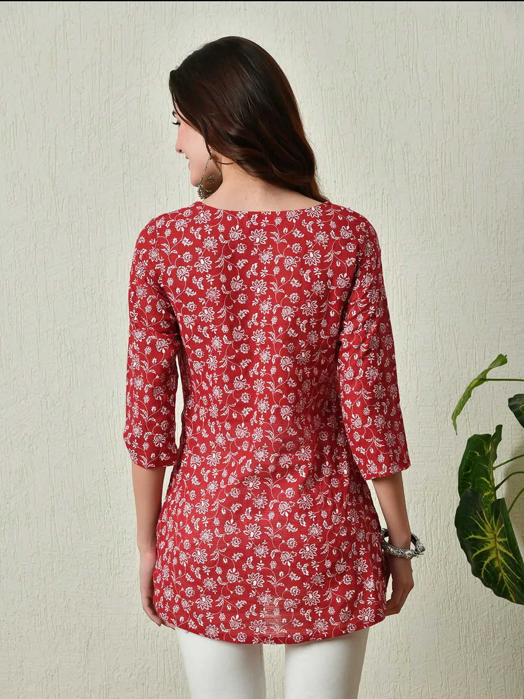 Women Stylish Red Cotton Short Kurti With Elegant Print