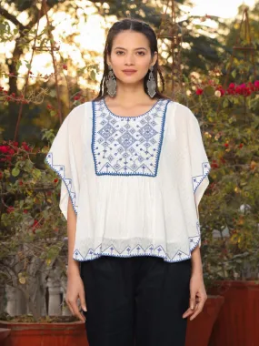 Women White Viscose Dobby Embroidered Tunic