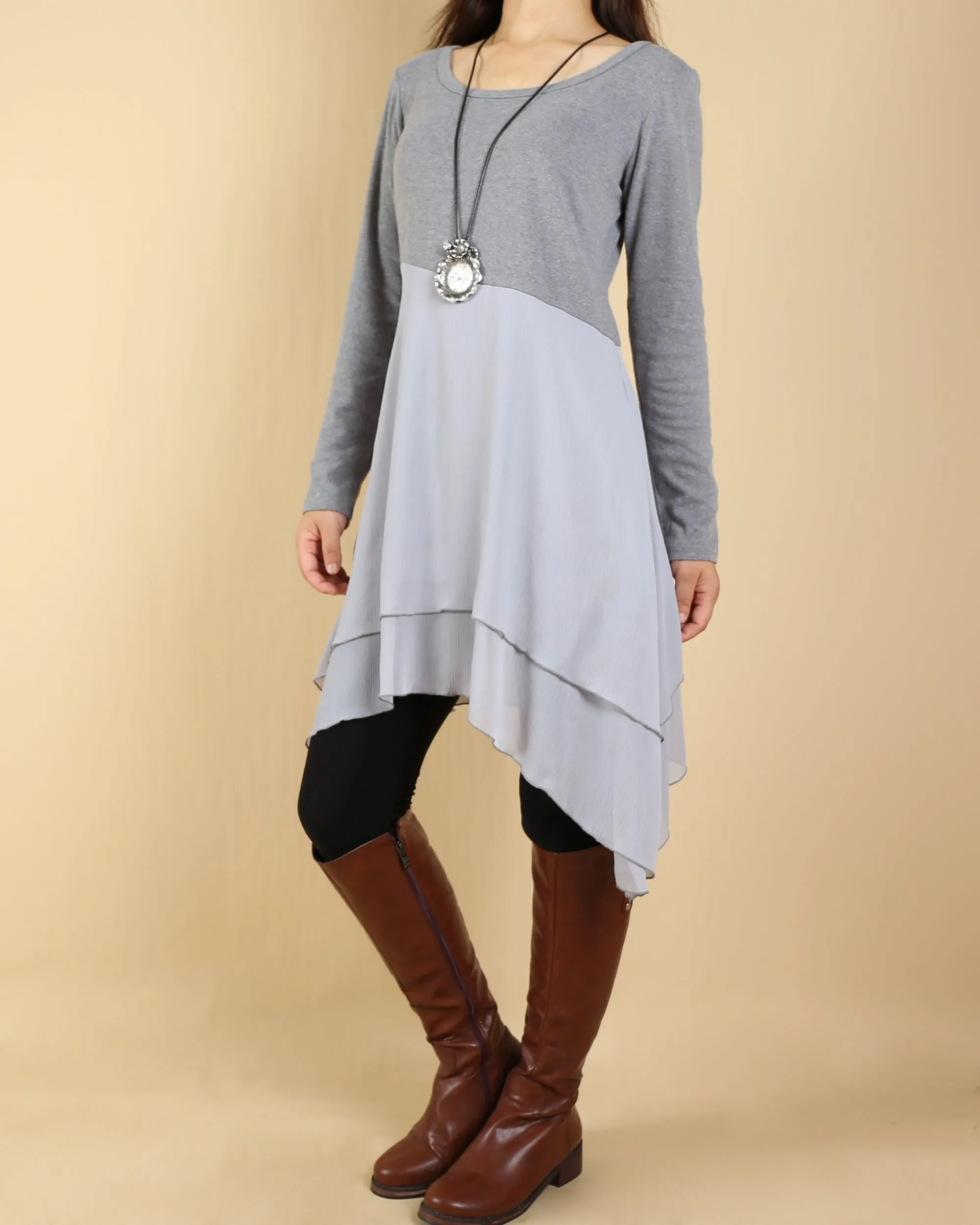 Women's asymmetrical dress/cotton and chiffon tunic dress/plus size tunic top/oversized t-shirt/casual t-shirt/customized blouse/black grey top (Q1508)