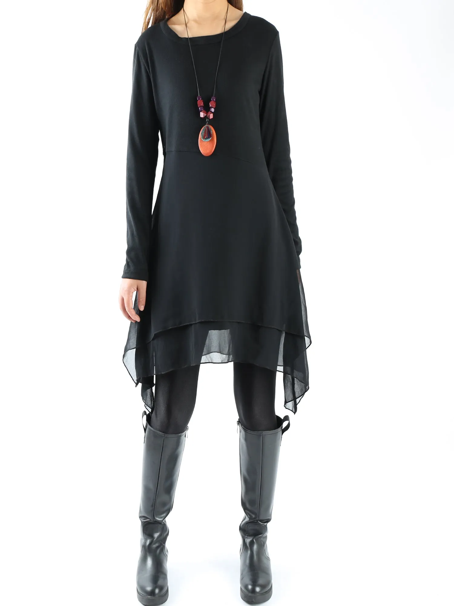 Women's asymmetrical dress/cotton and chiffon tunic dress/plus size tunic top/oversized t-shirt/casual t-shirt/customized blouse/black grey top (Q1508)