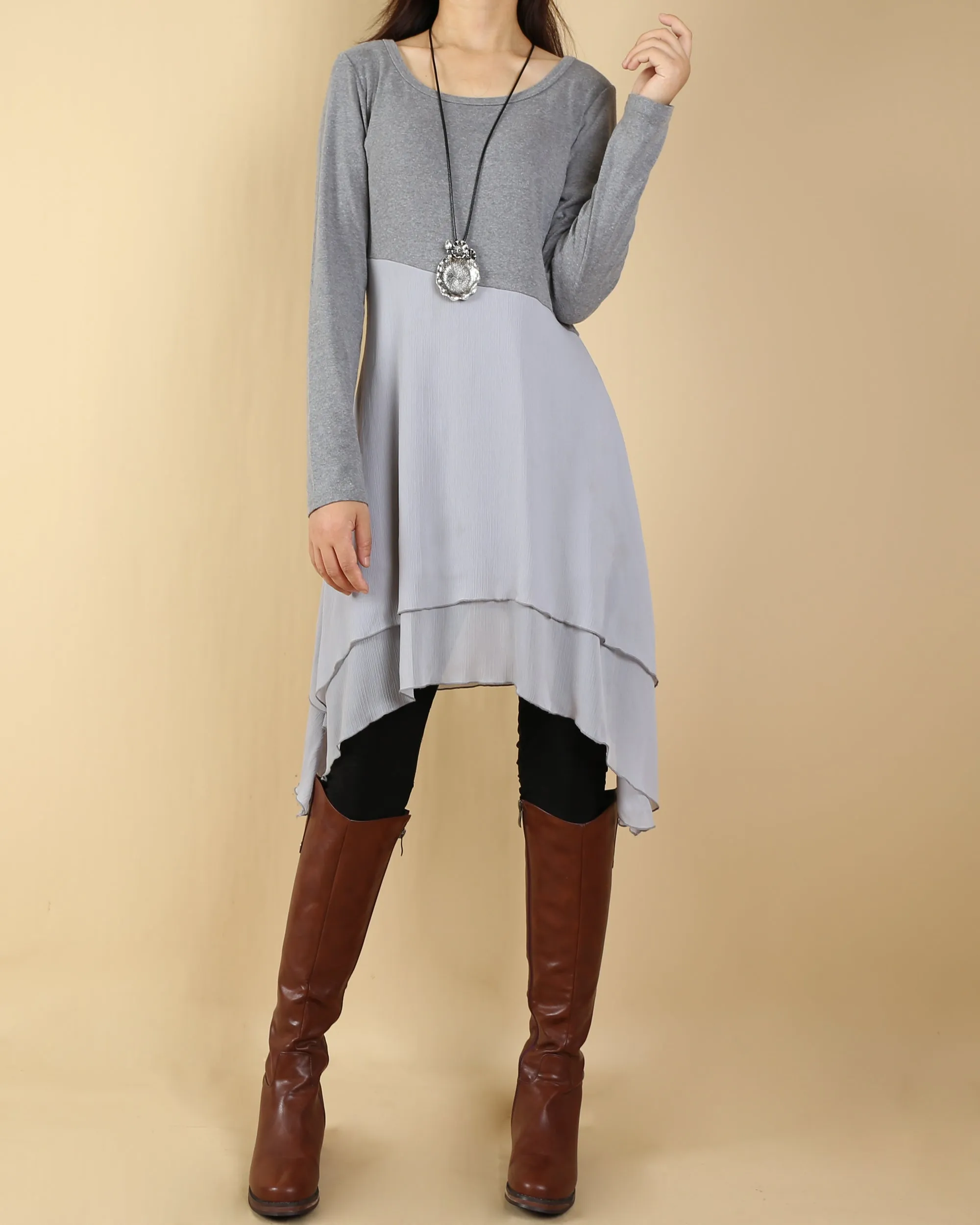 Women's asymmetrical dress/cotton and chiffon tunic dress/plus size tunic top/oversized t-shirt/casual t-shirt/customized blouse/black grey top (Q1508)