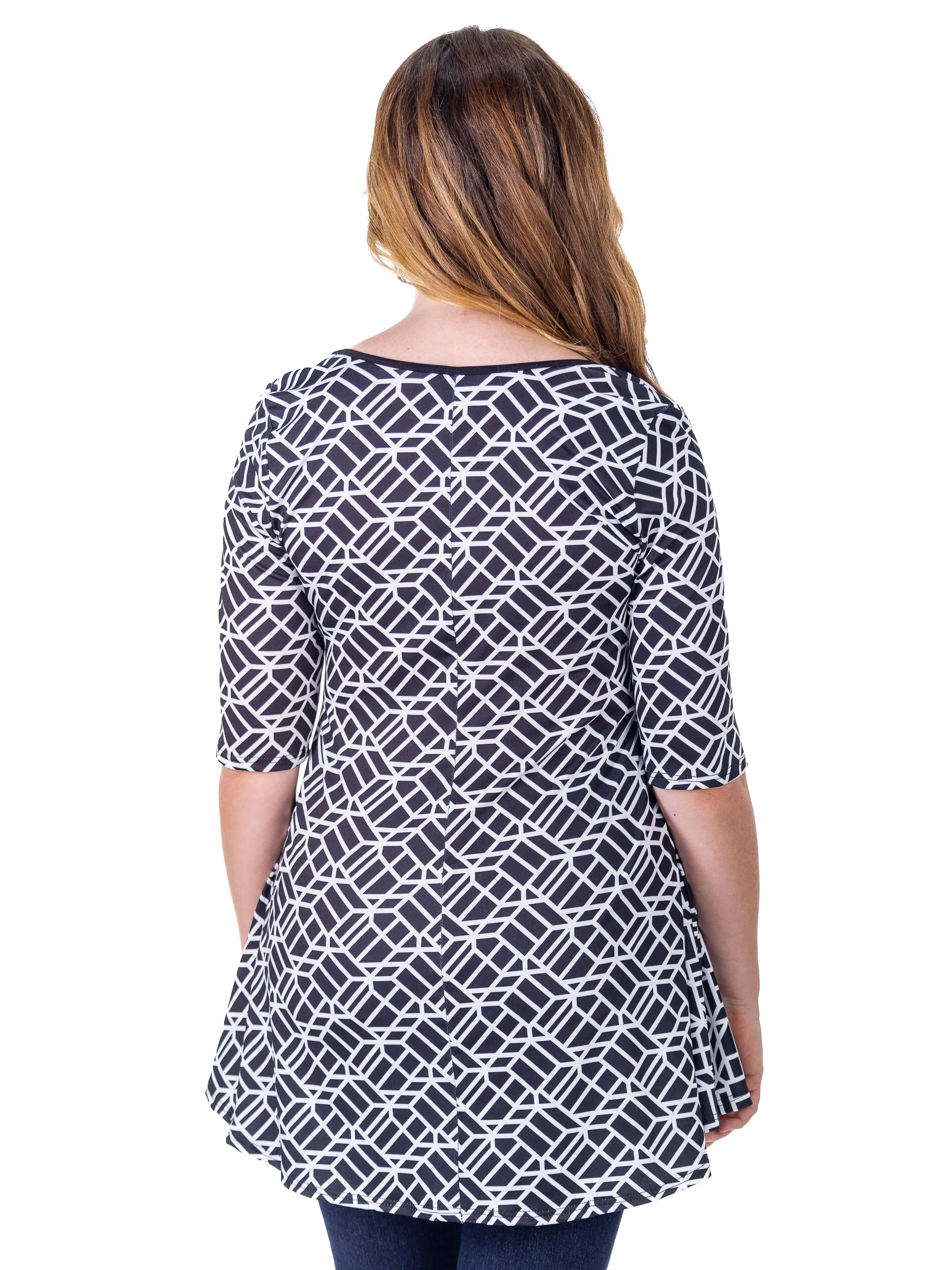 Womens Black Geometric Print Elbow Sleeve Casual Tunic Top