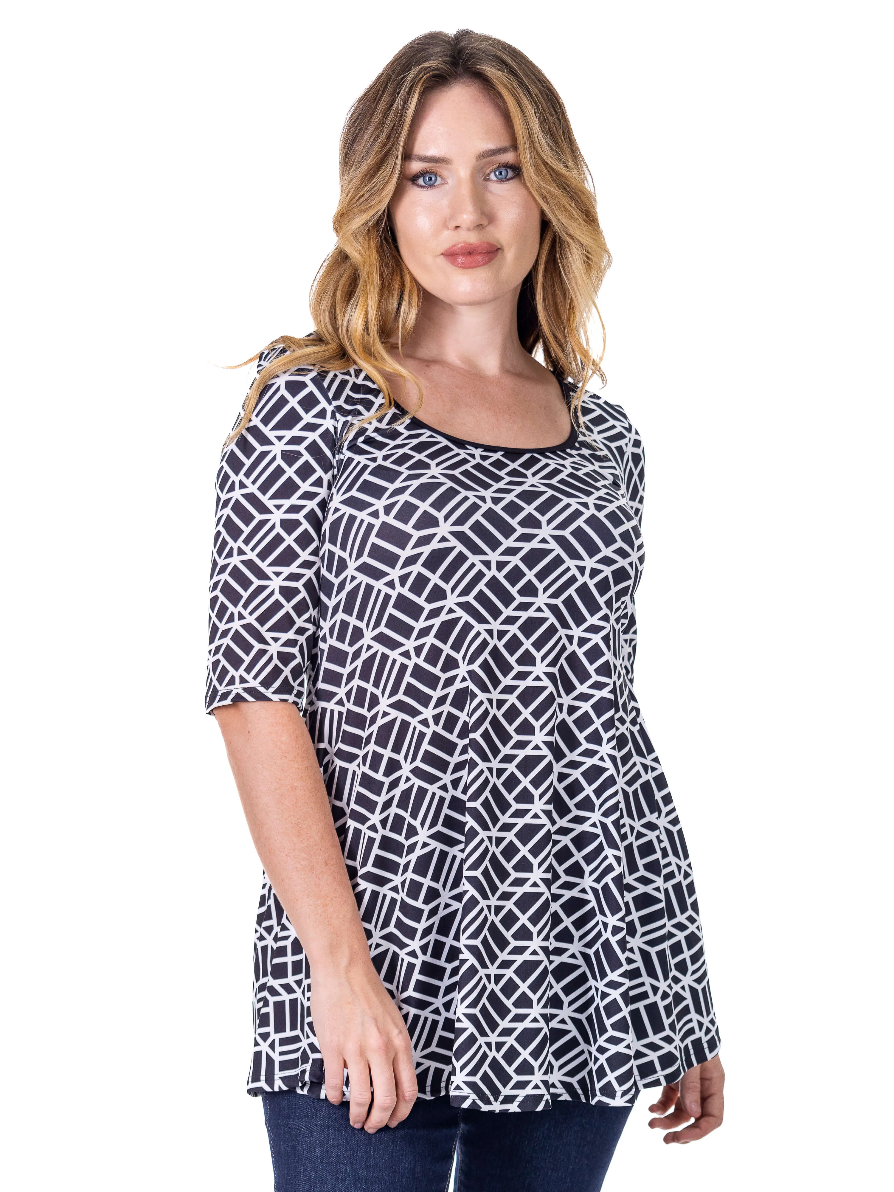 Womens Black Geometric Print Elbow Sleeve Casual Tunic Top